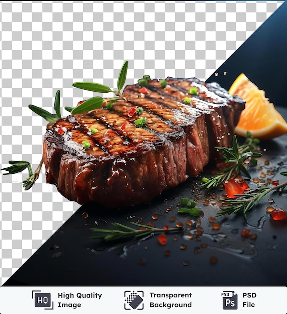 transparent background with isolated grilled steak garnished with a green leaf and an orange