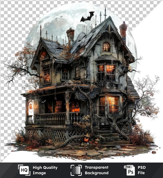 Transparent background with isolated Halloween elements bats moon haunted house