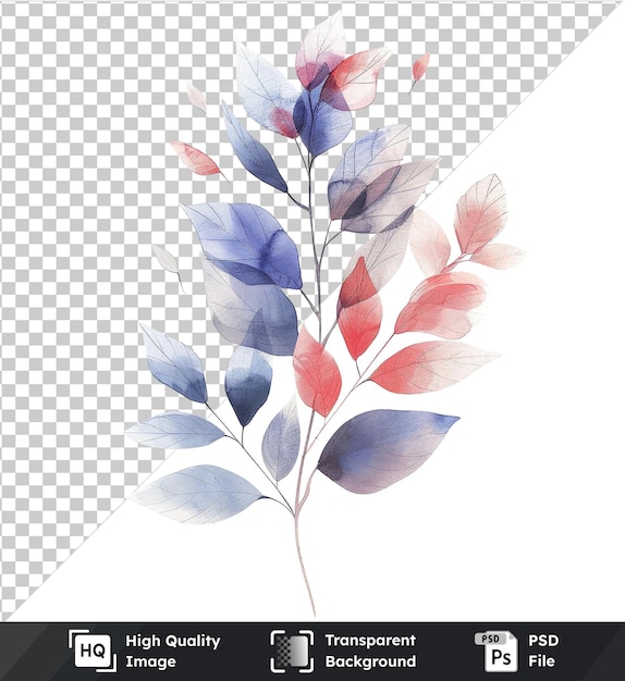 PSD transparent background with isolated hand drawn watercolour floral leaves illustraticlipart featuring a blue flower and a red flower