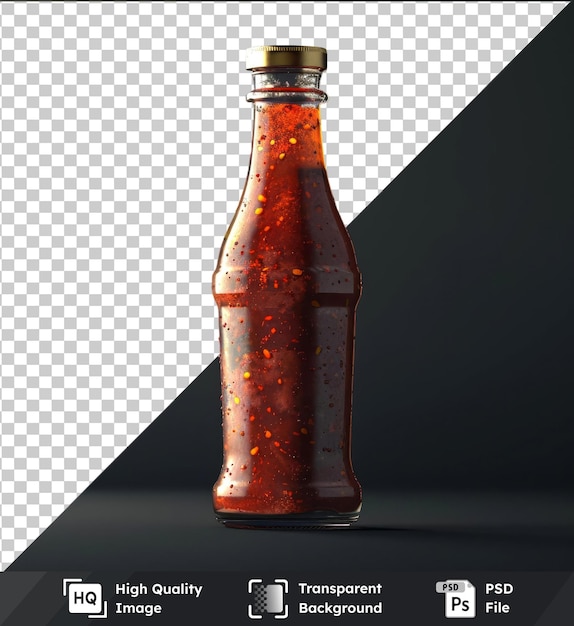 transparent background with isolated hot sauce bottle and red pepper on wooden table