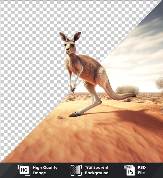 PSD transparent background with isolated hyperealistic high quality 3d kangaroo in the desert