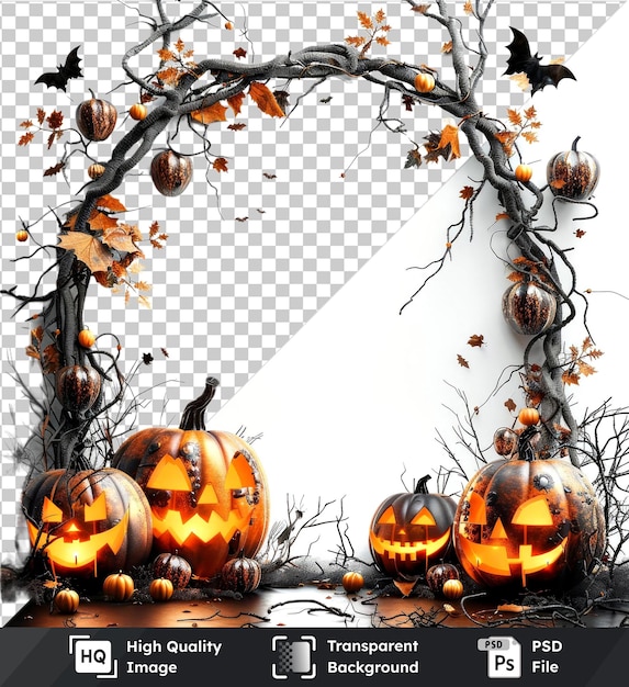 Transparent background with isolated hyperrealistic pumpkins branches and leaves