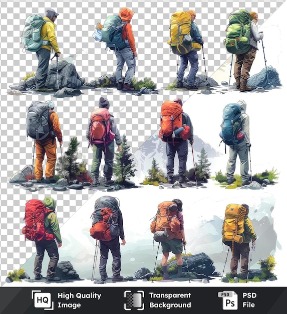 Transparent background with isolated hyperrealistic vector illustrations of backpackers with