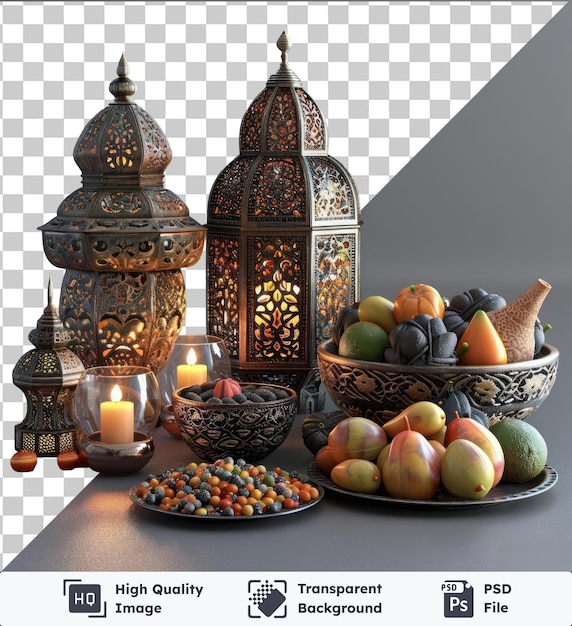 transparent background with isolated iftar table centerpiece for ramadan celebration featuring a lit candle black bowl and brown egg on a gray table against a gray wall