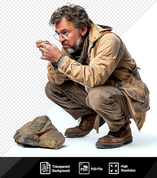 transparent background with isolated intrigued archaeologist who examines a mysterious relic png