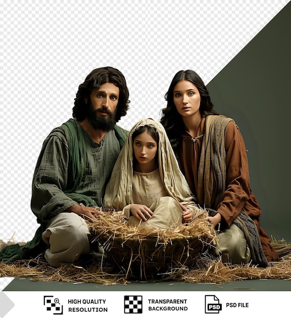 PSD transparent background with isolated jesus christ in the manger with joseph and mary featuring a man with a gray and black beard a woman with long brown hair and a hand in the fore png psd