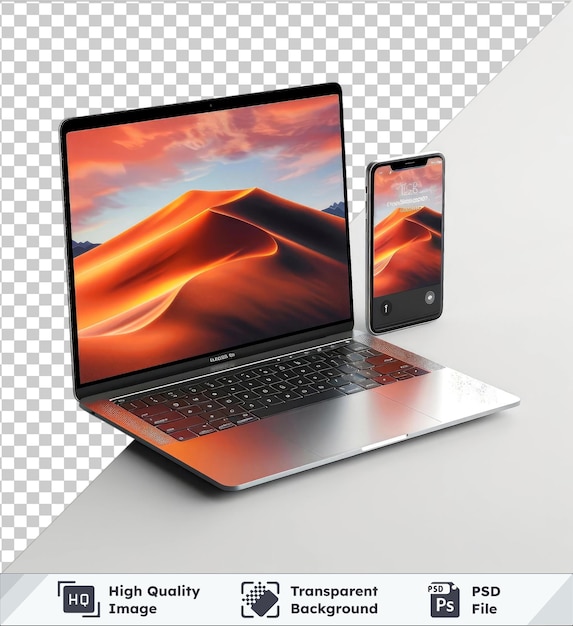 transparent background with isolated laptop and smartphone device mockup featuring a silver and black keyboard an orange screen and a silver and black keyboard