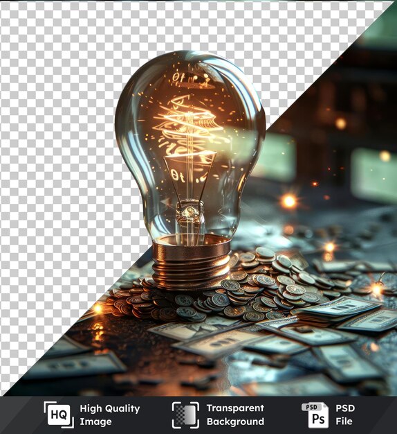 PSD transparent background with isolated light bulb and pile of money a scale mockup