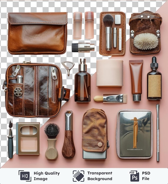 transparent background with isolated luxury men39s grooming kit set featuring a black brush brown leather wallet and silver pen