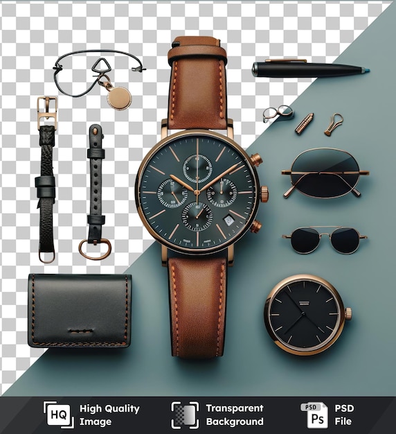 transparent background with isolated luxury men39s watch and accessory set on blue table accompanied by a black pen and glasses against a blue wall