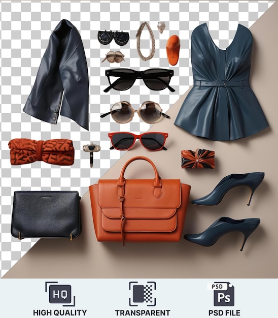 transparent background with isolated luxury women _ s fashion accessories set a blue dress black sunglasses orange and brown handbag silver key white wall orange and brown handbag black