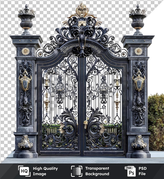 PSD transparent background with isolated mansion gate open gate and fence in front