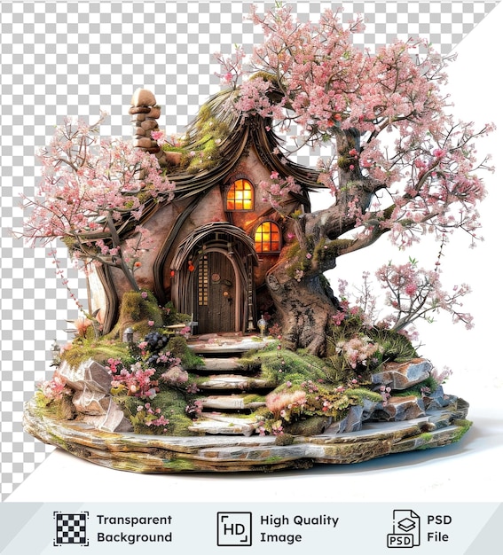 PSD transparent background with isolated miniature fairy garden scenes with pink blossoms and a house