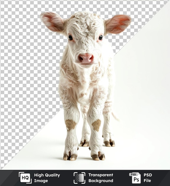 Transparent background with isolated newborn calf with silky white fur black eyes pink nose and