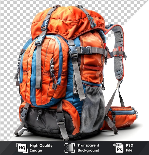 PSD transparent background with isolated orange and black backpack with strap in foreground