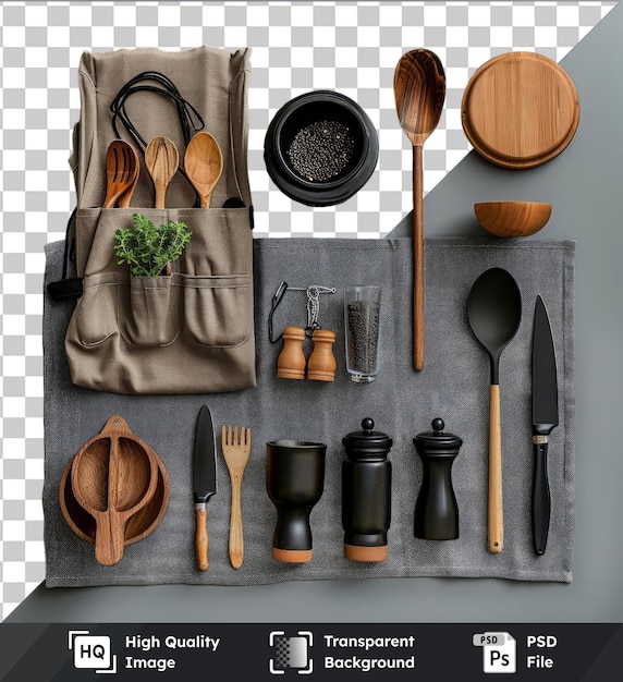 transparent background with isolated organic vegan cooking set featuring wooden spoons a black bowl and a green plant against a gray and white wall