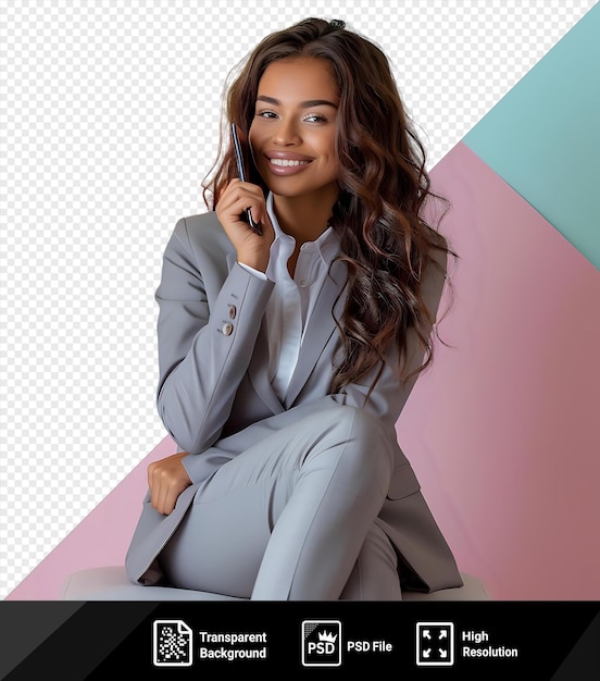 transparent background with isolated phone call cheerful young mulatta woman in business suit talking on smartphone while sitting in office at daytime png psd