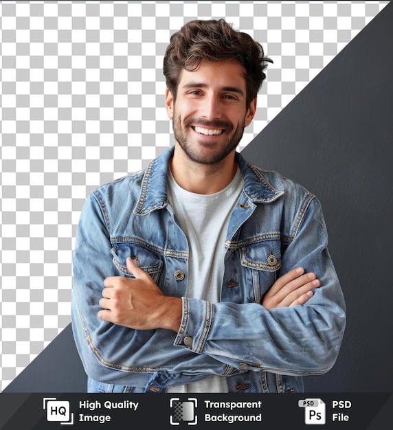 transparent background with isolated photo of nice cheerful friendly man wear denim trendy outfit speaking communicating video call with someone on the phone