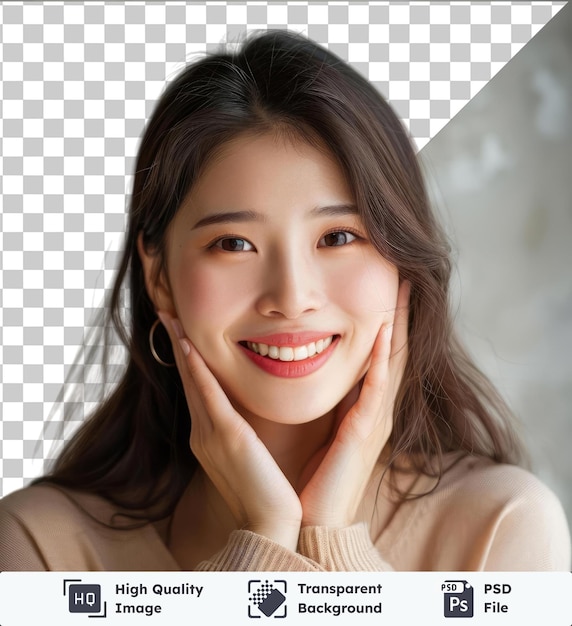 transparent background with isolated portrait beautiful woman happy turned round smile in studio asian girl cosmetic and skincare concept