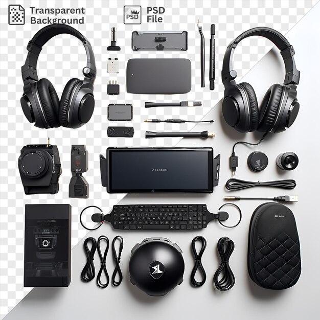 PSD transparent background with isolated professional gaming gear set on transparent background featuring black headphones a black and white remote and a green plant