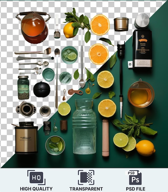 PSD transparent background with isolated professional mixology tools set including a silver camera oranges lemons and a green leaf placed on a green table against a green wall