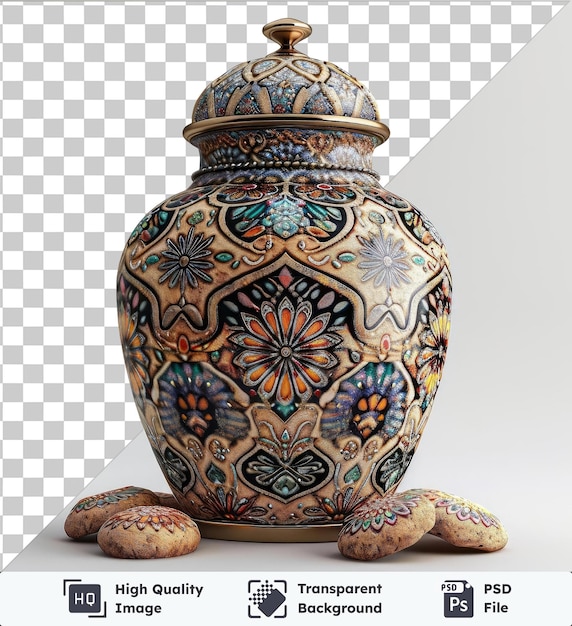 transparent background with isolated ramadan traditional cookie jar and blue flower against white wall