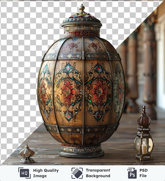 transparent background with isolated ramadan traditional drum bedug s in the foreground accompanied by a potted plant and a decorative vase with a building in the background