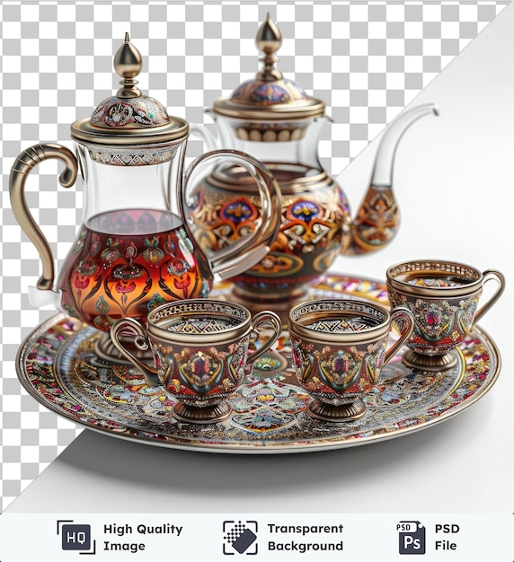 transparent background with isolated ramadan traditional tea set on a transparent background featuring a glass teapot with a curved handle a teapot with a glass handle and a teapot with a