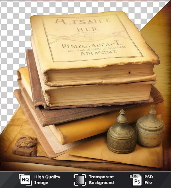 transparent background with isolated realistic photographic alchemist _ s ancient texts a stack of books including a white book a brown book and a small jar placed on a wooden table