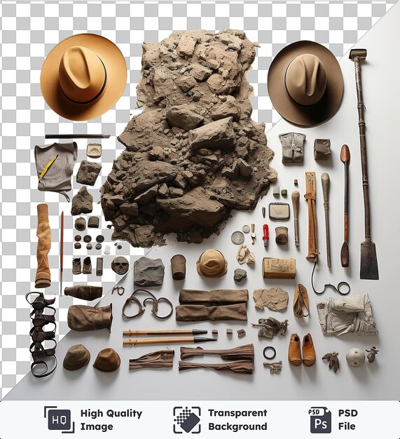 PSD transparent background with isolated realistic photographic archaeologist _ s archaeological dig a collection of artifacts