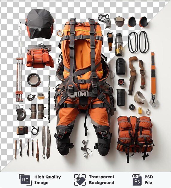 PSD transparent background with isolated realistic photographic mountaineer39s climbing gear and tools including an orange backpack black boots and silver and gray scissors