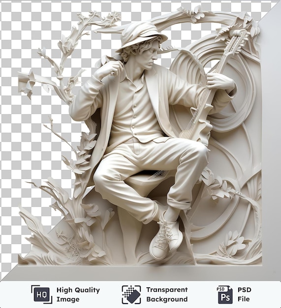 transparent background with isolated realistic photographic sculptor _ s sculpture a white man wearing a white hat stands in front of a white wall with a bent leg visible in the foreground