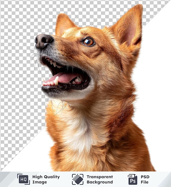 Transparent background with isolated red dog with open mouth pointy ears brownblue eyes and black