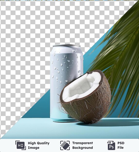 transparent background with isolated refreshing coconut water and a can of coconut on a blue table accompanied by a brown coconut and a blue shadow