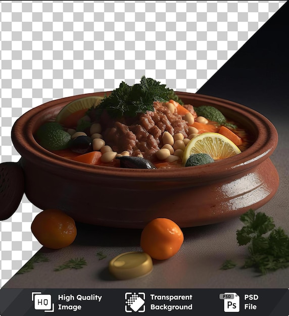 transparent background with isolated savory lamb tagine and lemons on a table accompanied by a brown bowl and a white vase