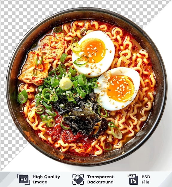 PSD transparent background with isolated set of spicy ramen softboiled egg and nori from top view