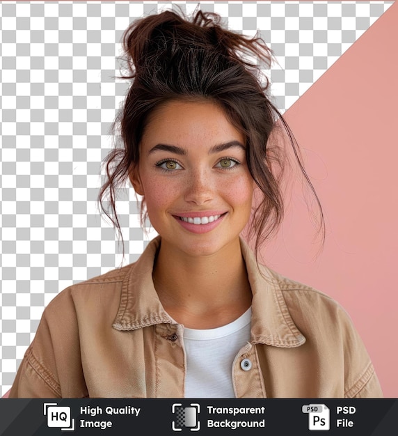 transparent background with isolated smiling cheerful funny beautiful attractive young brunette woman 20s wearing basic casual jacket standing working on laptop pc computer studio photo