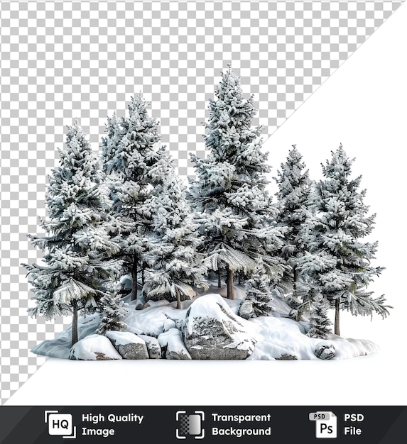 Transparent background with isolated snowcovered pine trees and white sky