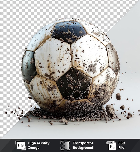 transparent background with isolated soccer ball covered in dirt and debris