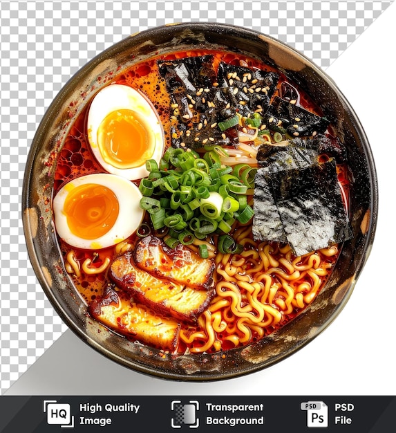 PSD transparent background with isolated spicy ramen set topped with softboiled egg and nori no image