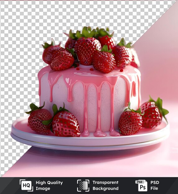 Transparent background with isolated strawberry cake on white plate pink table and wall