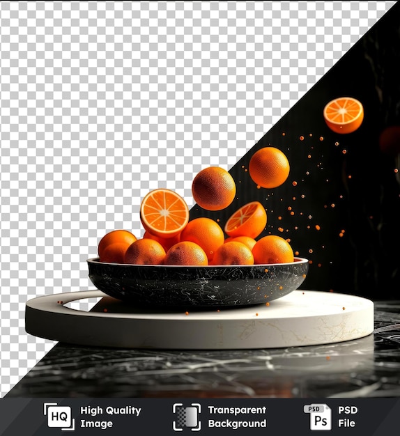 Transparent background with isolated tangerines falling into a bowl podium of geometric shapes