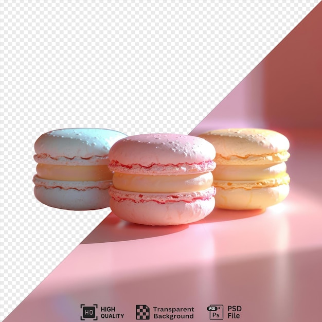 transparent background with isolated three french macarons on a pink table png psd