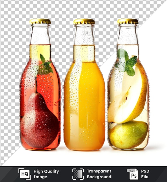 Transparent background with isolated variety of pear juice bottles including glass and red green