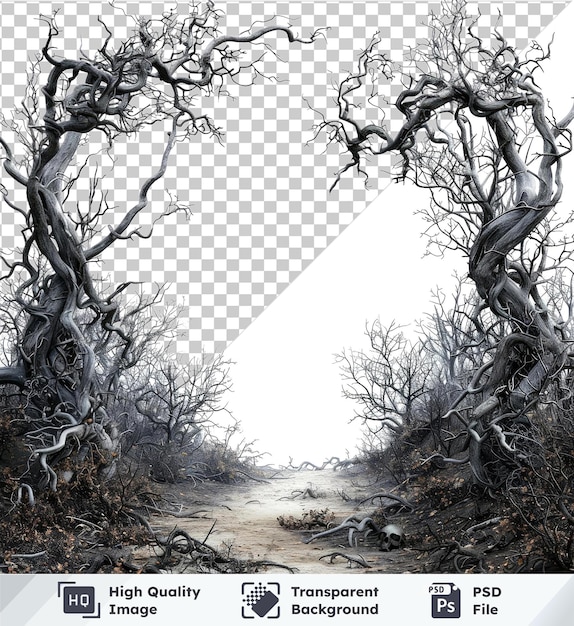 PSD transparent background with isolated vector of halloween scary forest with dead trees and branches