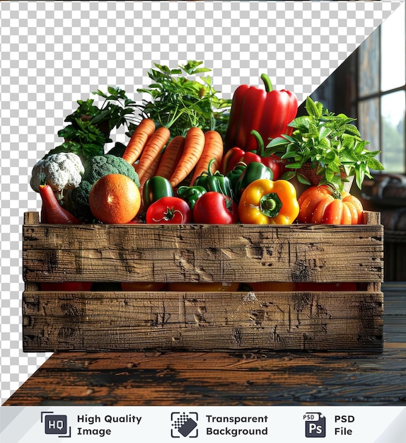 Transparent background with isolated vegetables in a wooden box on a table with a glass window