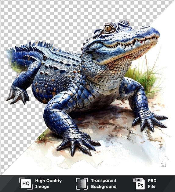 Transparent background with isolated watercolor crocodile on green grass