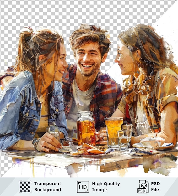 PSD transparent background with isolated watercolor illustration of young people having lunch in cafe