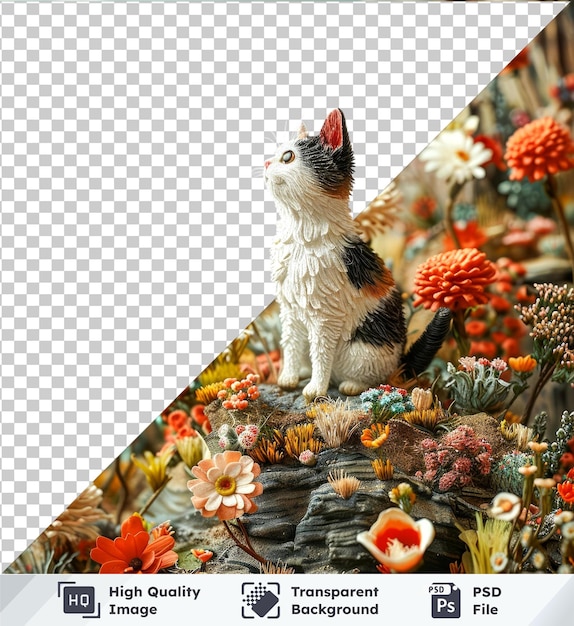 Transparent background with isolated whimsical cat figurines in miniature nature scenes with