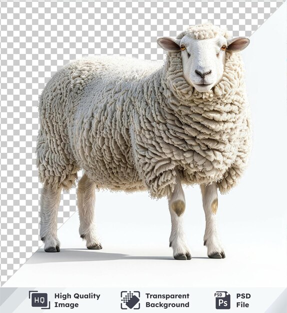 PSD transparent background with isolated white sheep featuring brown ears white legs black nose and a